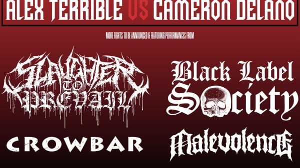 Lineup poster for the upcoming Blood4Blood event featuring Slaughter to Prevail, Black Label Society, Crowbar, and Malevolence, with a headline bout between Alex Terrible and Cameron Delano.