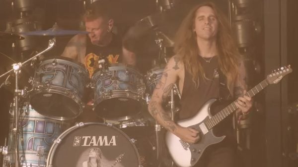 Brann Dailor and Nick Johnston performing live on stage with Mastodon at Bloodstock 2025.
