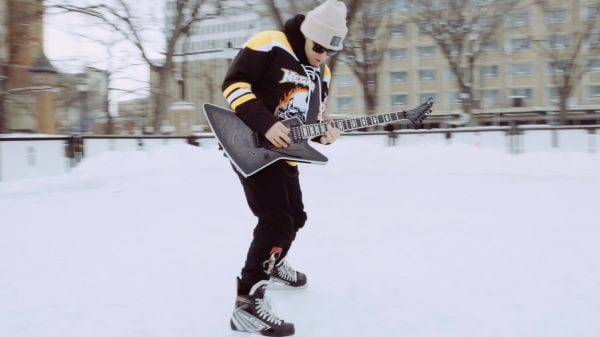 Megadeth guitarist Teemu Mäntysaari performing a shredding guitar solo on ice for ‘Let There Be Shred’
