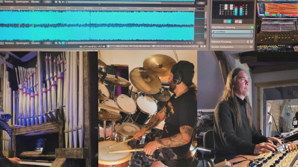 Arcturus band recording in studio with instruments and sound equipment