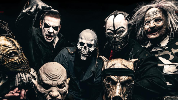 Promotional photo of Ex-Faces featuring Waylon Reavis and Jason ‘J Mann’ Popson on vocals, Dave ‘Gravy’ Felton on guitar, Joe ‘Mr. Murdernickel’ Kilcoyne and Jack ‘Pig Benis’ Kilcoyne on bass, Daniel ‘Lil’ Dan’ Fox on drums, and Rick ‘St1tch’ Thomas on samples and keyboards